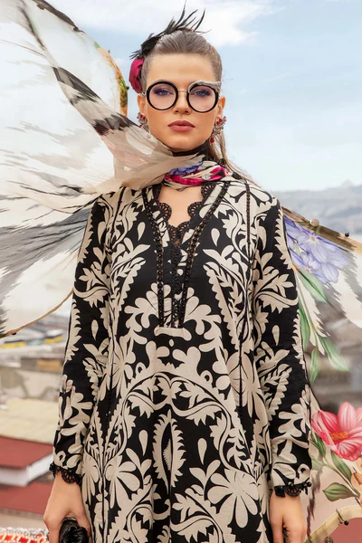 Luxury Black & Beige Botanical Printed 3-Piece Lawn Suit