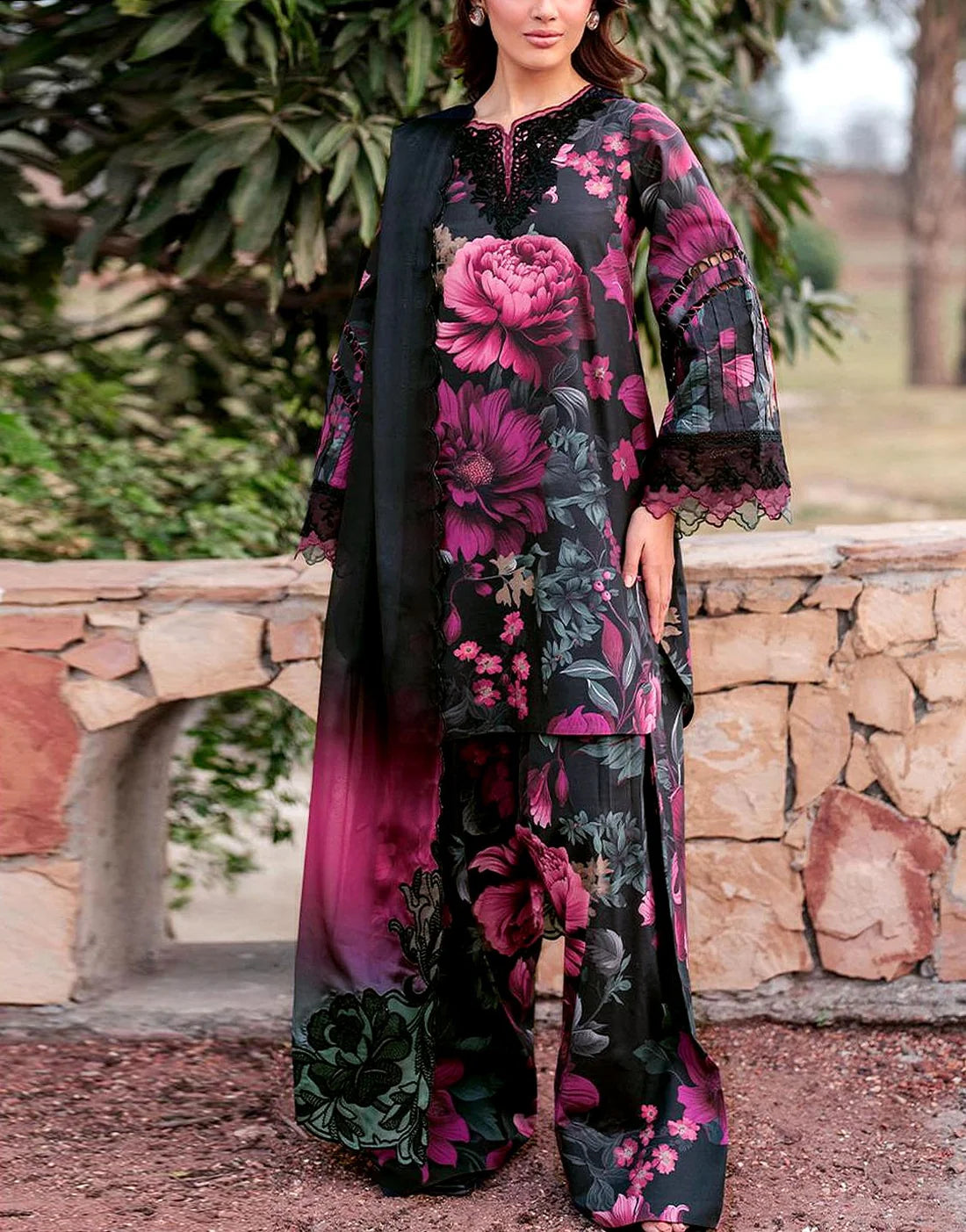 Luxury Black Floral Printed 3-Piece Lawn Suit