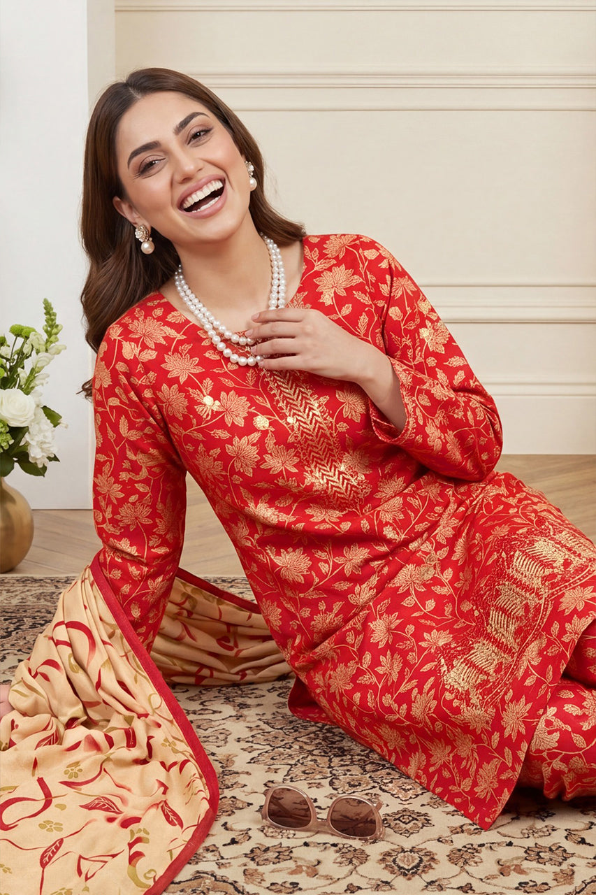 Luxury Crimson Red Floral Printed 3-Piece Lawn Suit