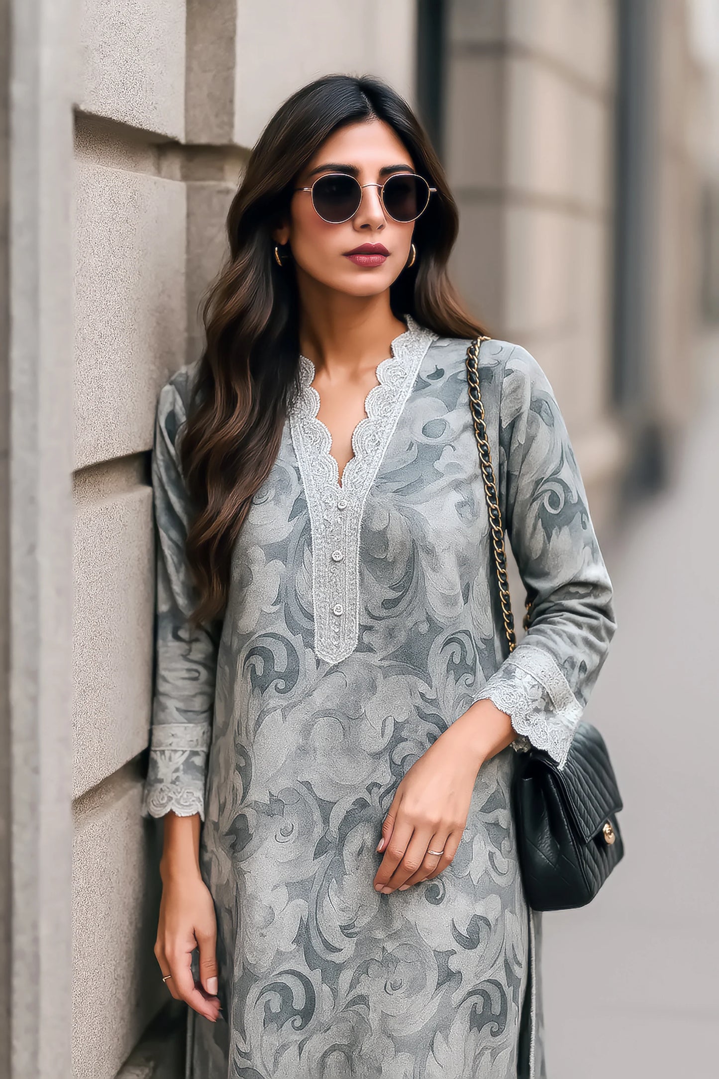 Luxury Grey Floral Printed 3-Piece Lawn Suit