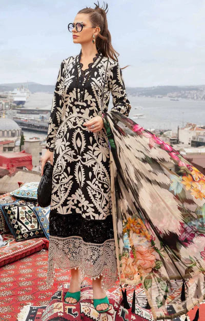 Luxury Black & Beige Botanical Printed 3-Piece Lawn Suit