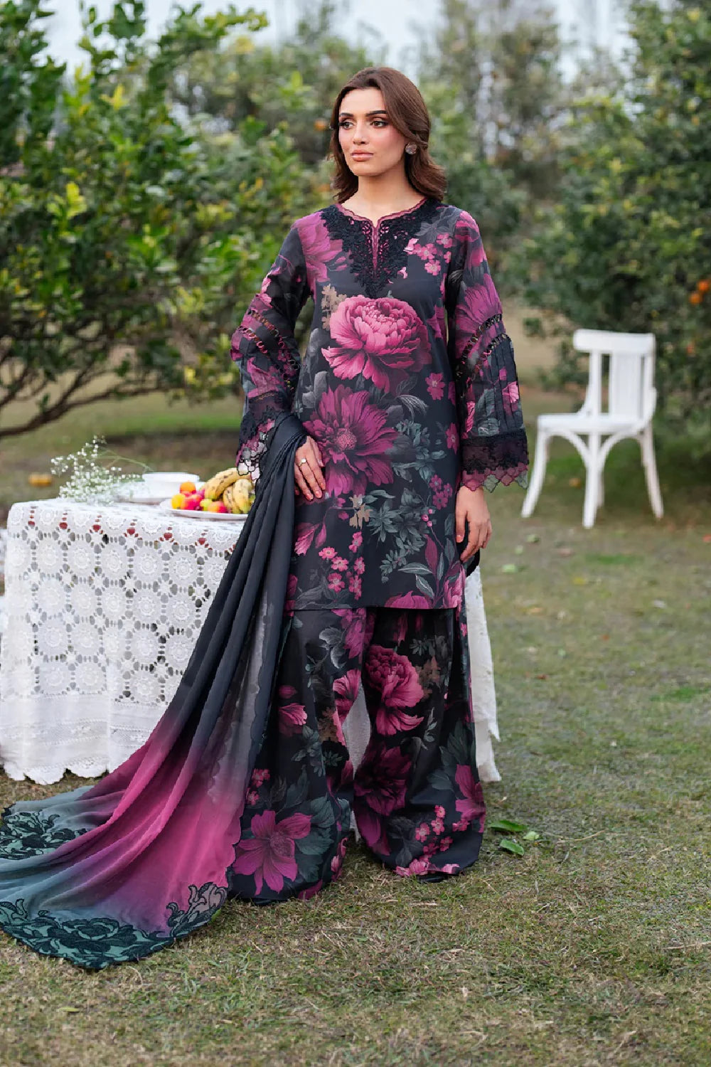 Luxury Black Floral Printed 3-Piece Lawn Suit