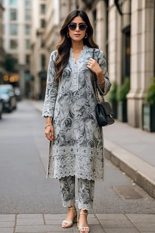 Luxury Grey Floral Printed 3-Piece Lawn Suit