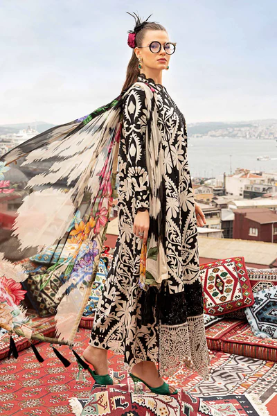 Luxury Black & Beige Botanical Printed 3-Piece Lawn Suit