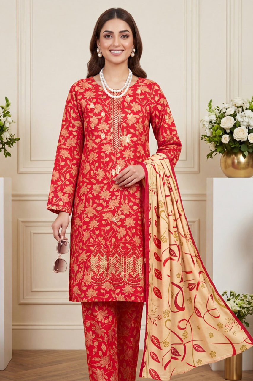 Luxury Crimson Red Floral Printed 3-Piece Lawn Suit