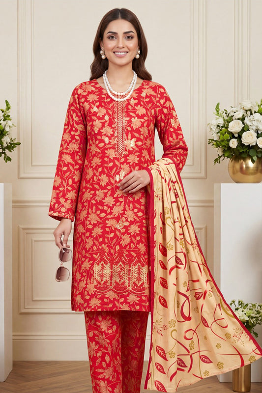 Luxury Crimson Red Floral Printed 3-Piece Lawn Suit