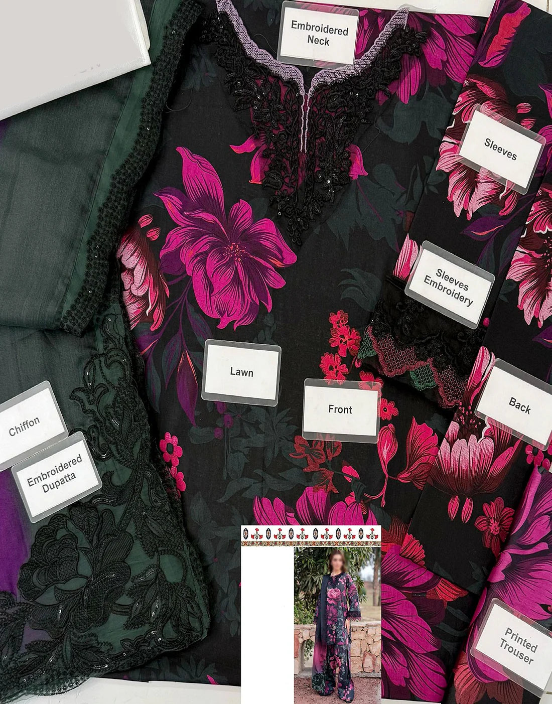 Luxury Black Floral Printed 3-Piece Lawn Suit